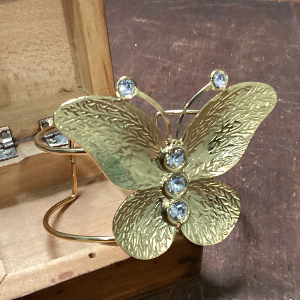 Gold tone Butterfly Cuff with Inlaid Clear Faceted Glass Domed Circular Beads